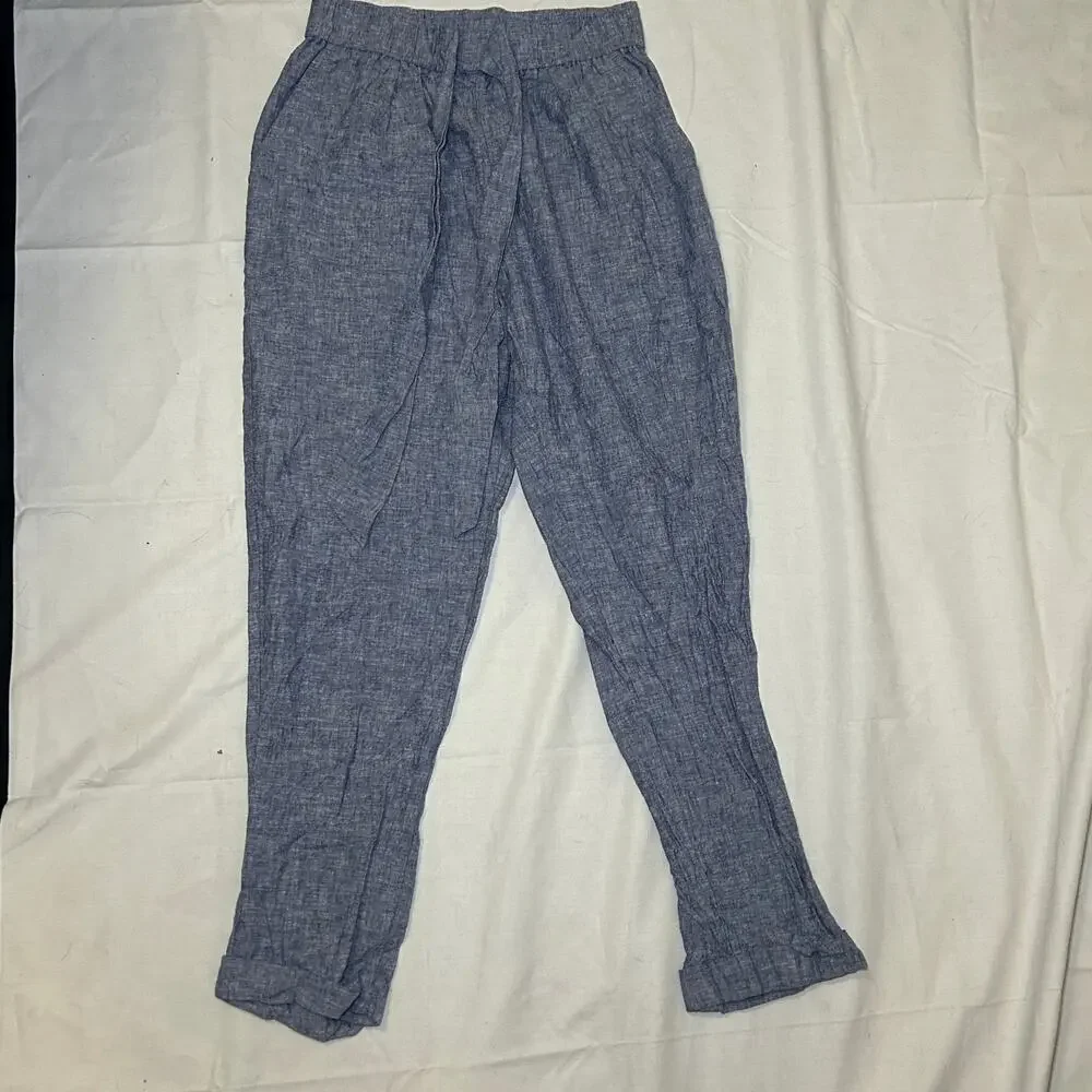 Zara Womens XS‎  Linen crop elastic waist pants Blue Chambray Pull On